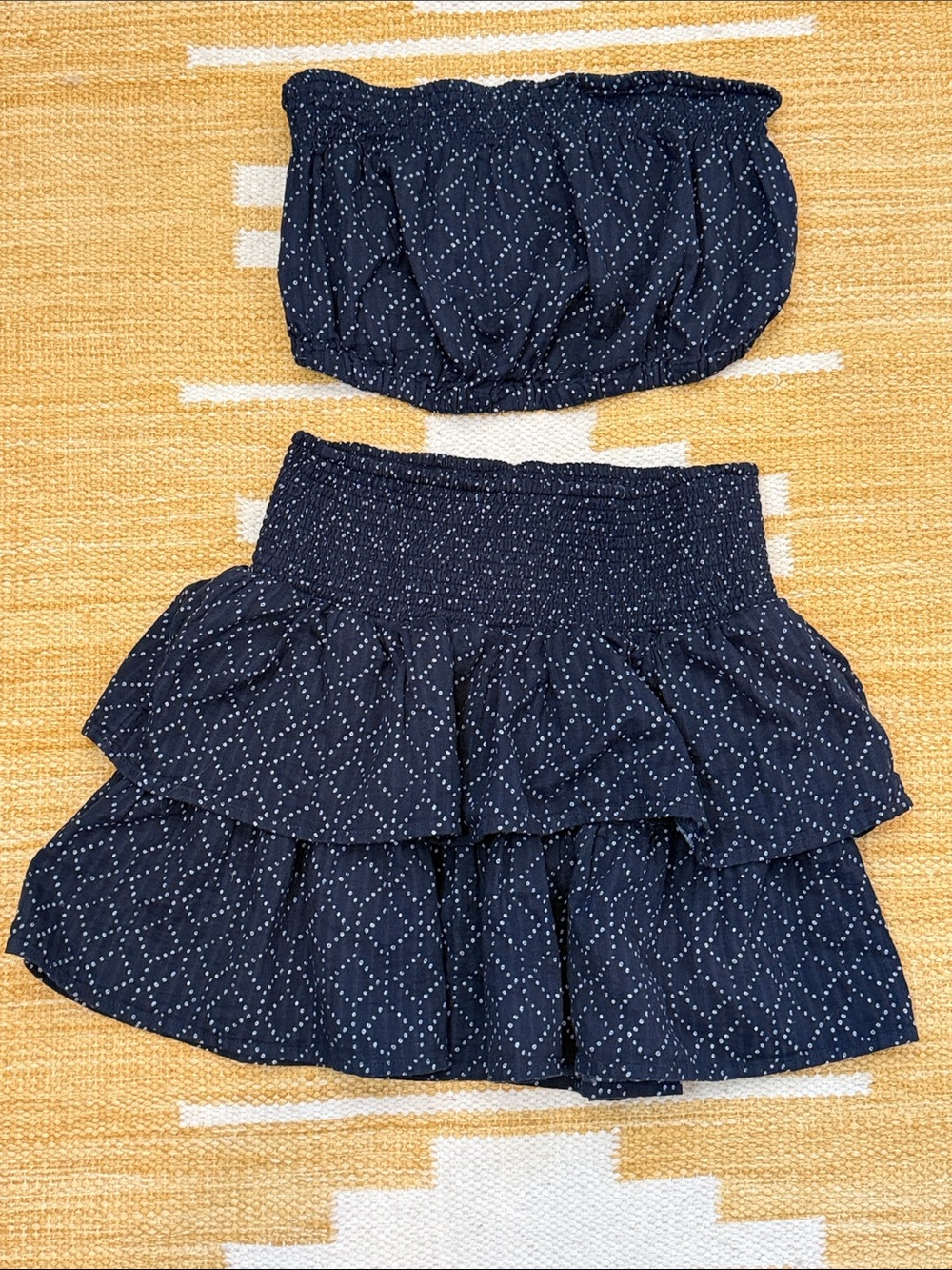 Universal Thread Navy Blue White Diamond Smocked Tiered Ruffle Mini Skirt Set Sm